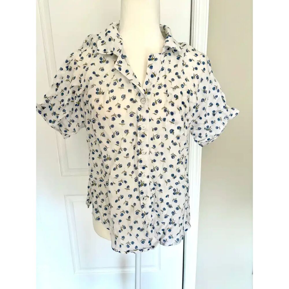 Garnet Hill 100% Linen Blueberry Print Button-Up Shirt Size 10